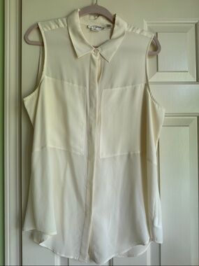 Ivory color Max Studio Sleeveless Silk Button-Down Tunic Blouse
